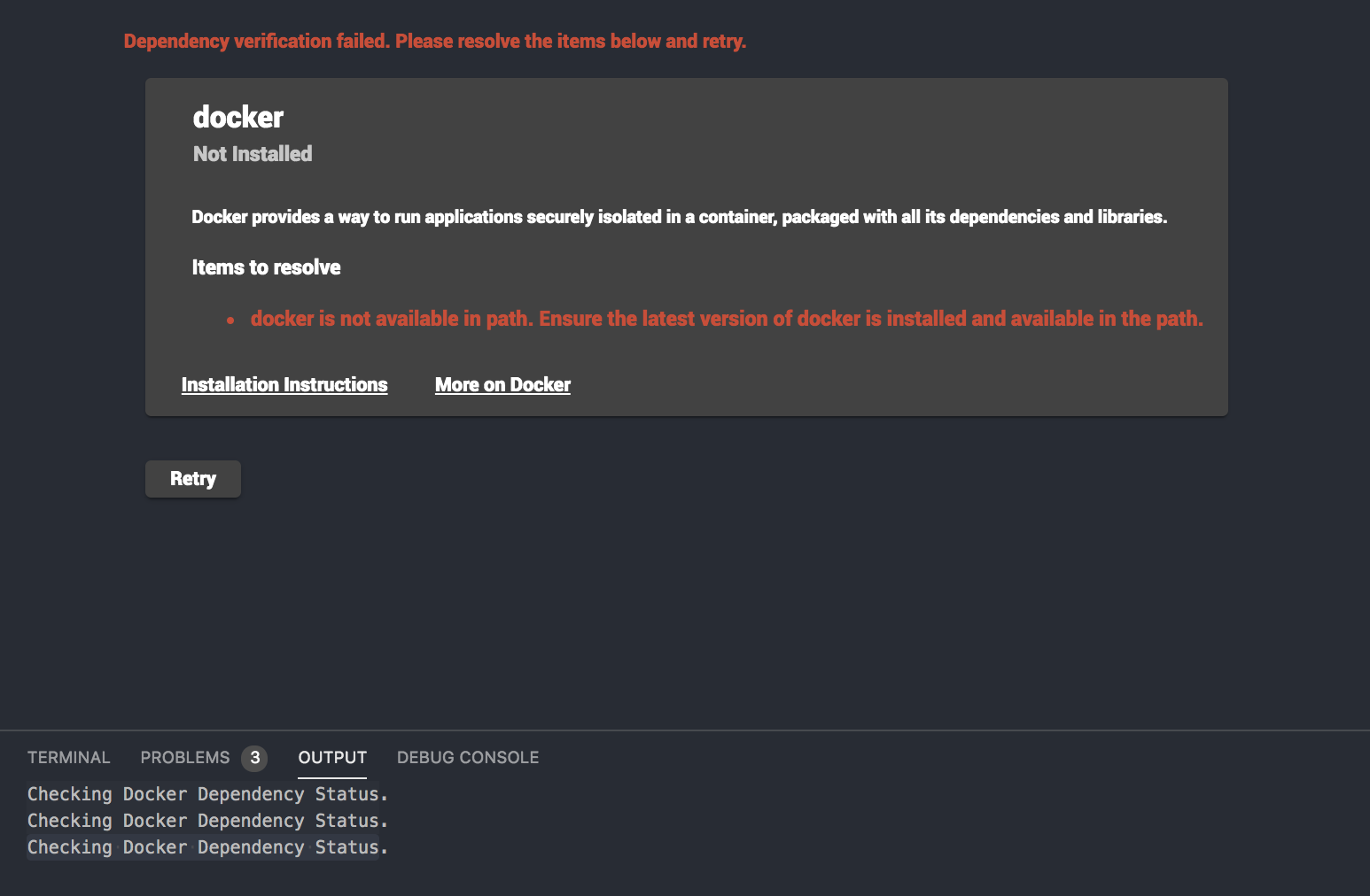 `docker is not available in path. Ensure the latest version of docker ...