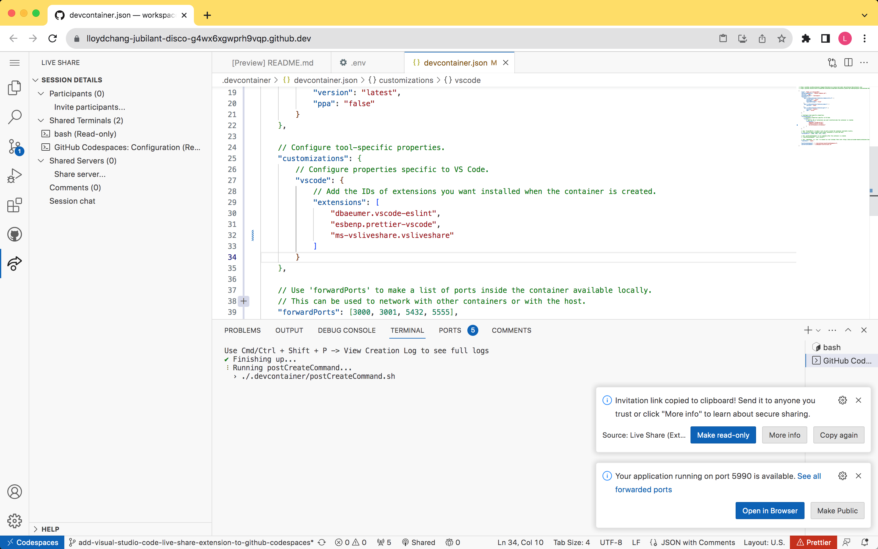 Add Visual Studio Code Live Share extension to GitHub CodeSpaces ...