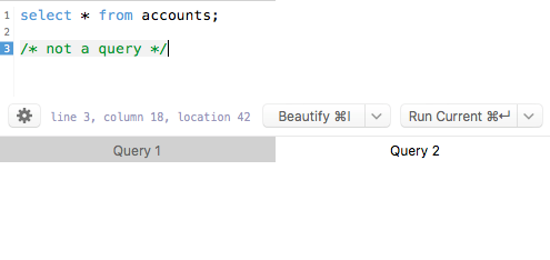 "Run all" in the SQL query view creates a tab for comments in the query ...