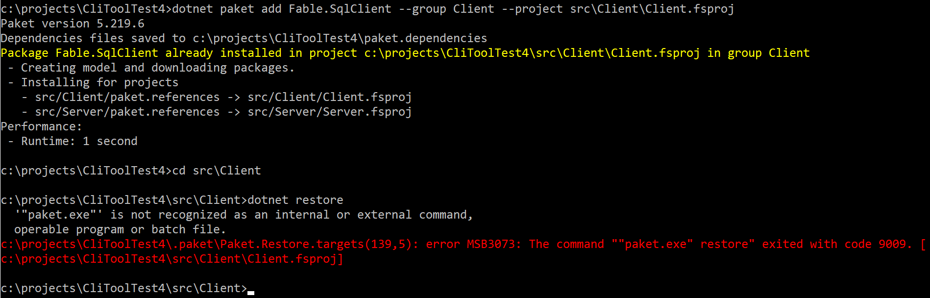 Fresh template is unable to restore a project individually