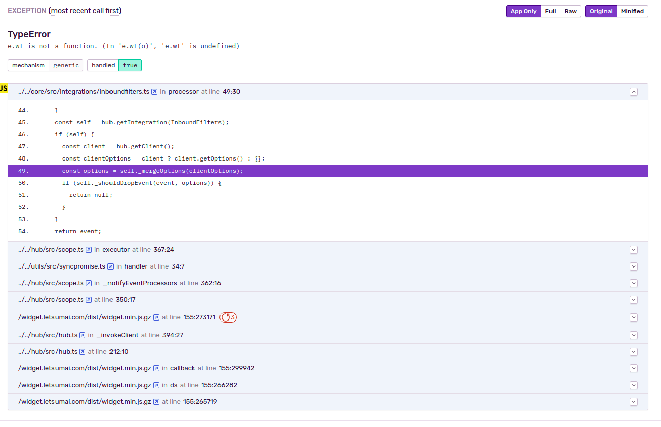 TypeError inboundfilters: e.wt is not a function. (In 'e.wt(o)', 'e.wt ...
