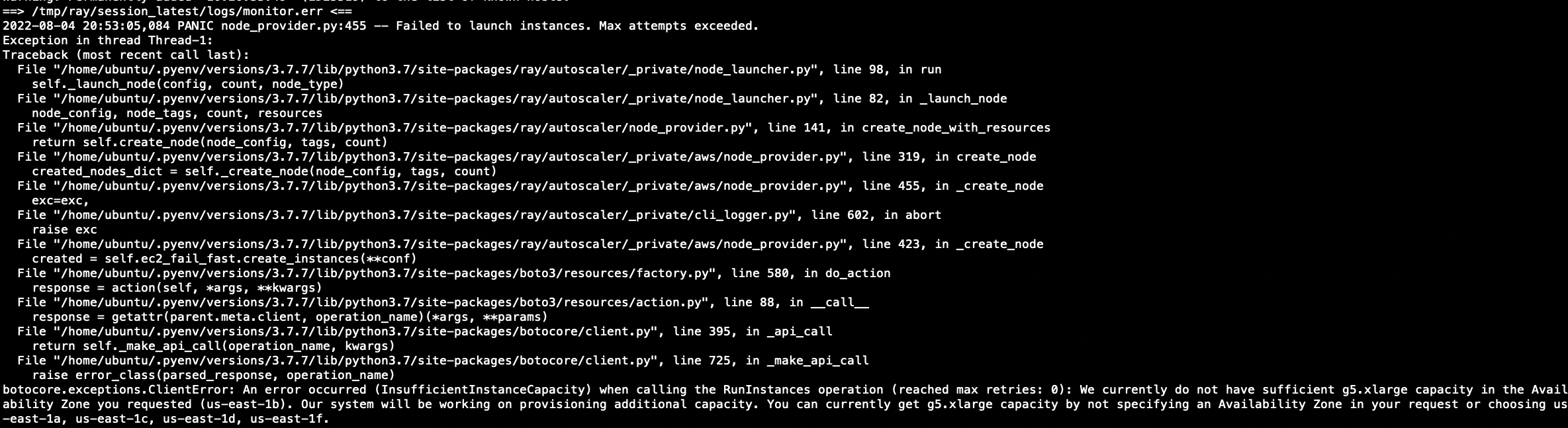 [Core] Autoscaled nodes stuck in launching status when AWS doesn't have ...