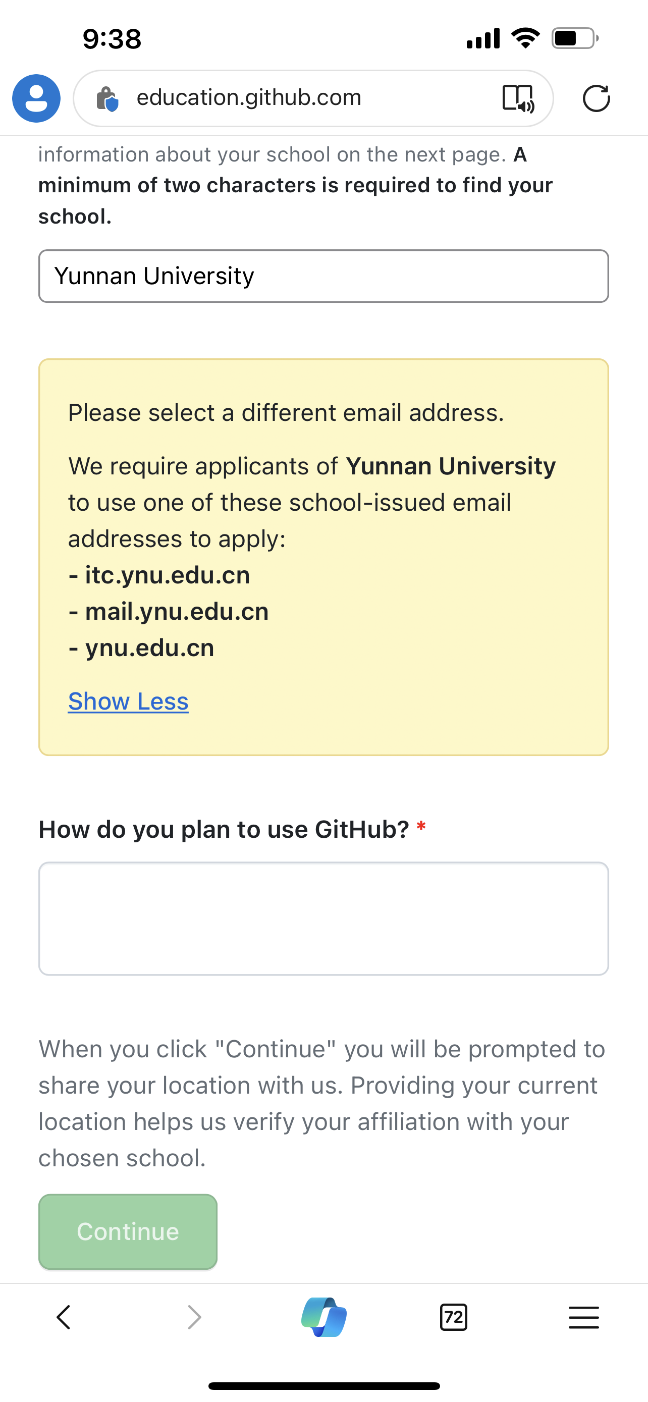 Clicked the "Continue" button then give me "We require applicants to