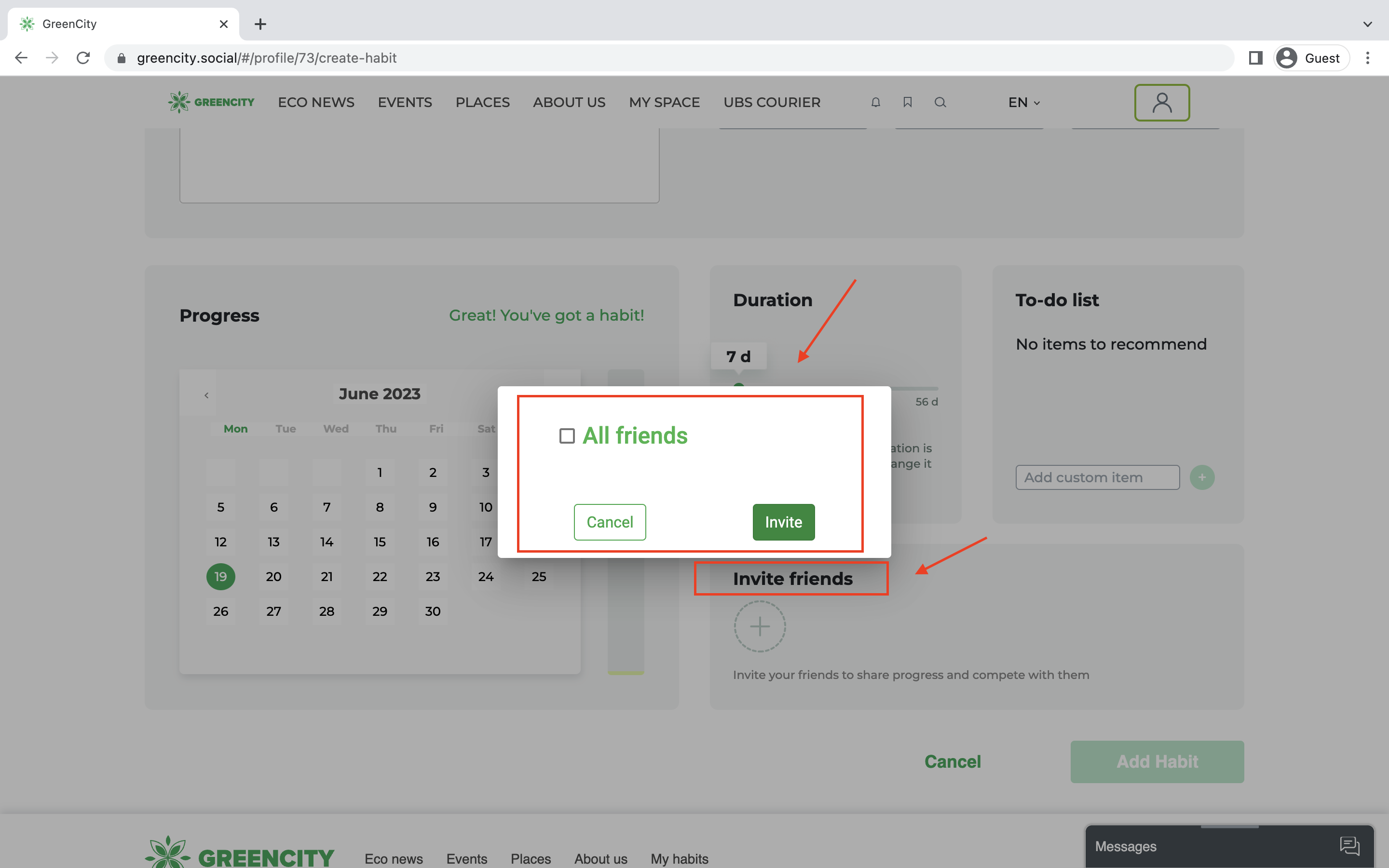 ['Create habit' page edit mode] Inability to Invite Friends by Email or