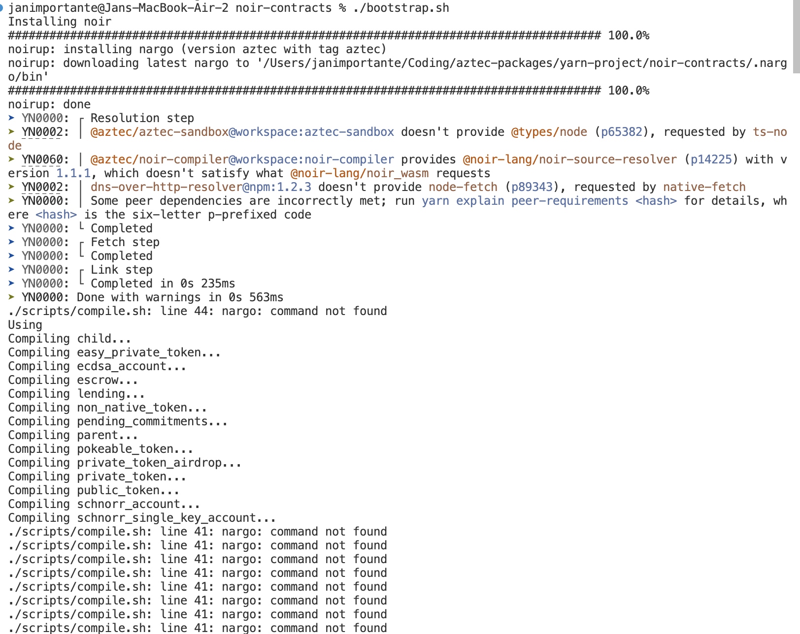 Running `bootstrap.sh` in `yarnproject/noircontracts` fails on Mac