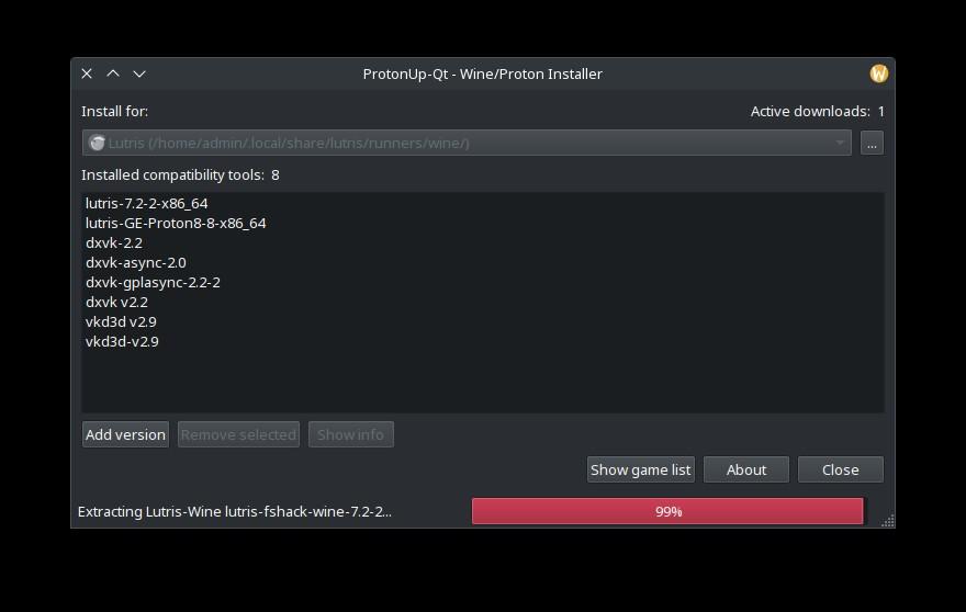 Lists Nonexistent lutrisfshackwine7.22 and gets stuck extracting it