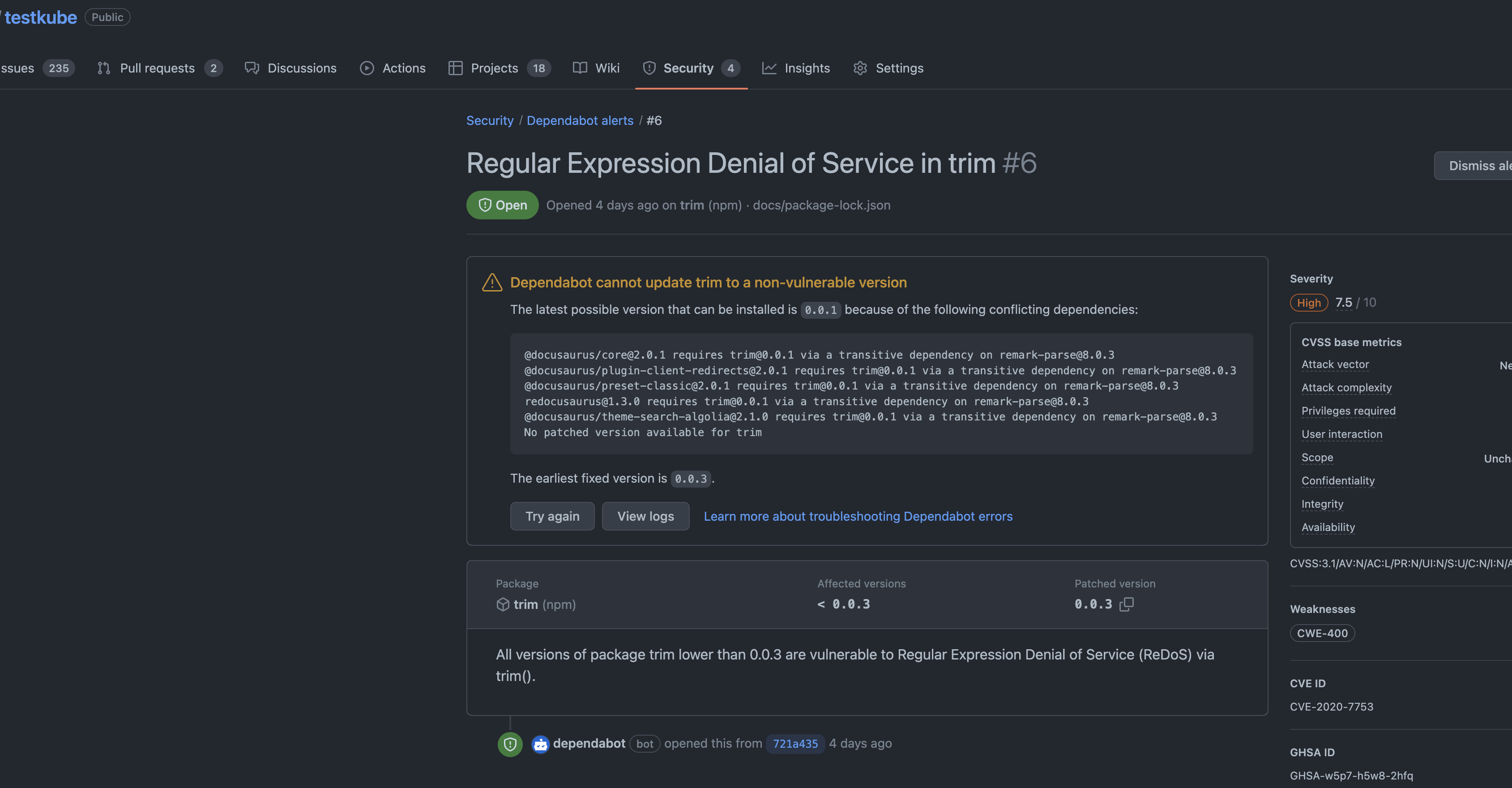 Fix dependabot issues · Issue #2278 · kubeshop/testkube · GitHub