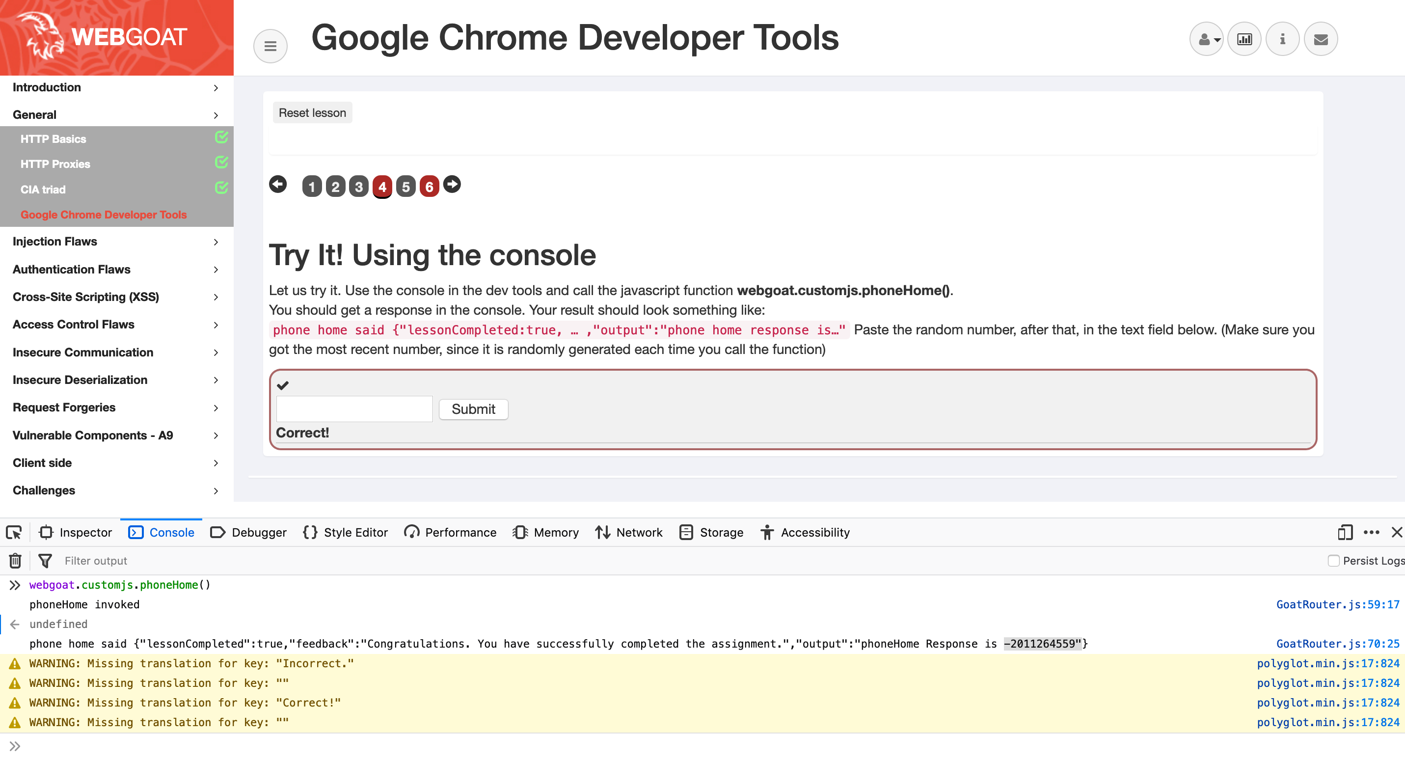 No indication for exercise completion - Google Chrome Developper Tools ...