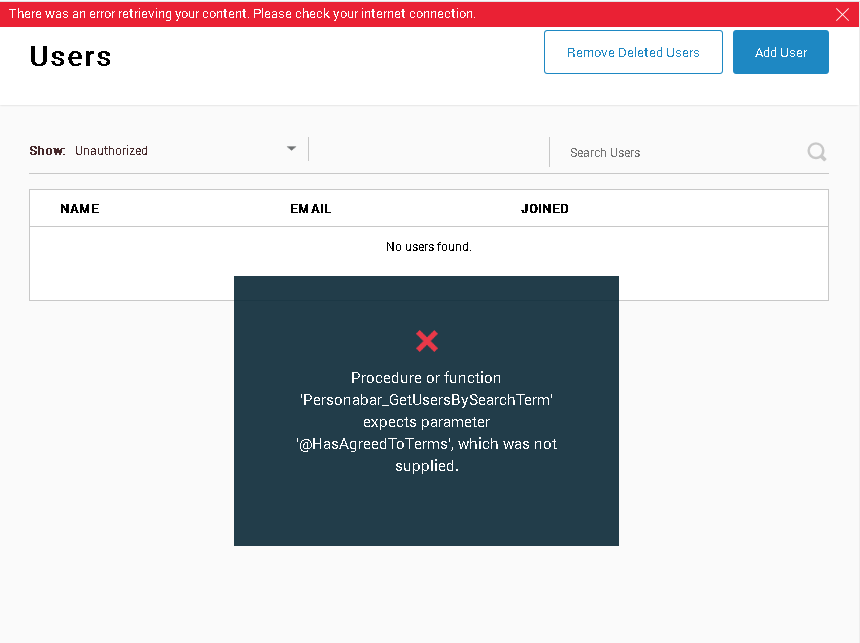 Users Persona Bar Page Procedure or function Error 'Personabar ...