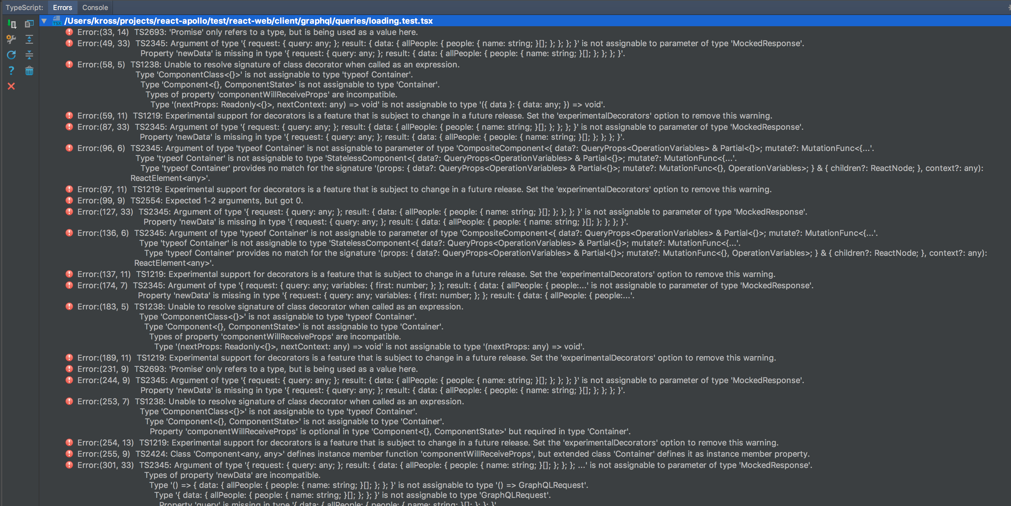 test sources have typescript errors and are not checked in `yarn type ...