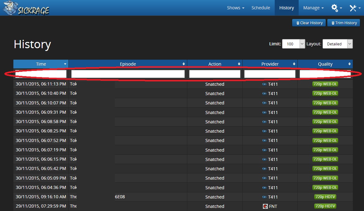 sickrage history filtering