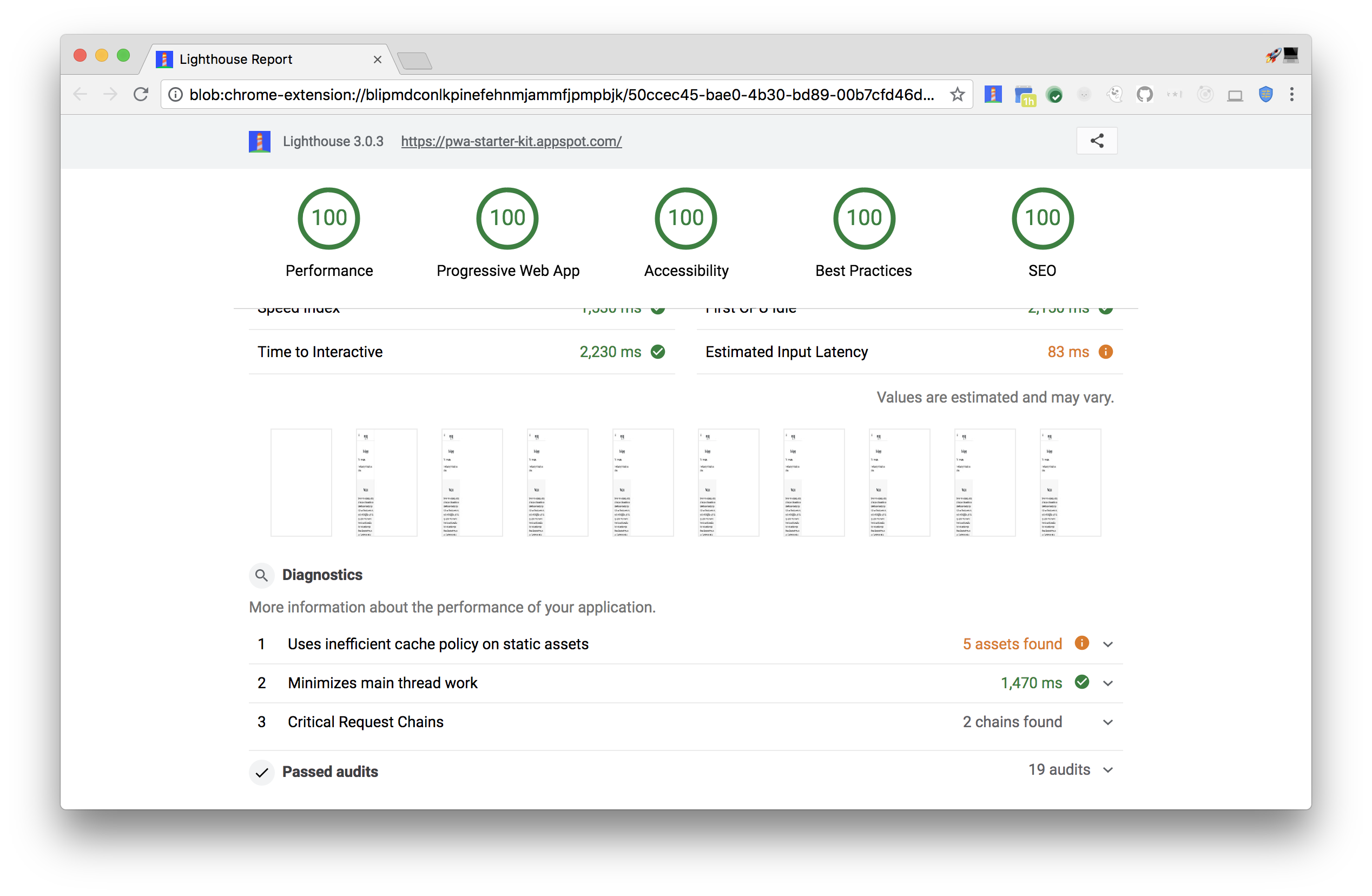 screenshot of lighthouse results