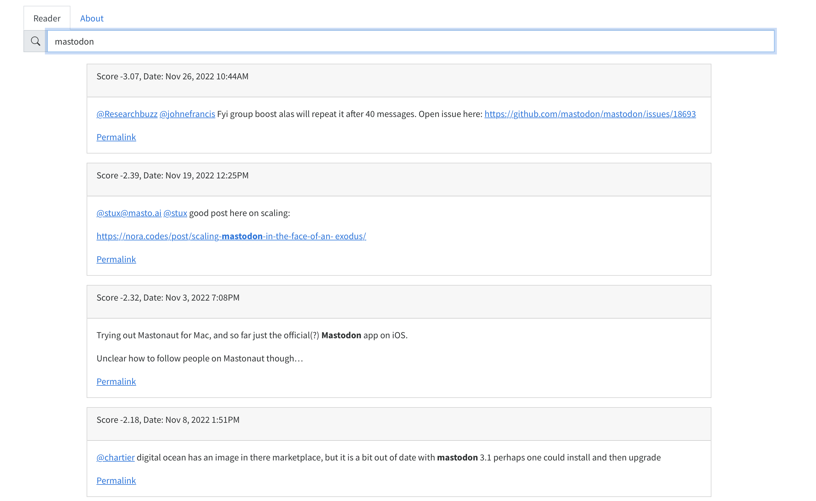Screenshot of the plotly Dash app in use returning some search results.