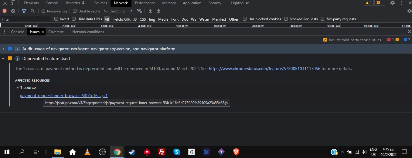 Chrome throwing warning in debug tool which says basic card payment
