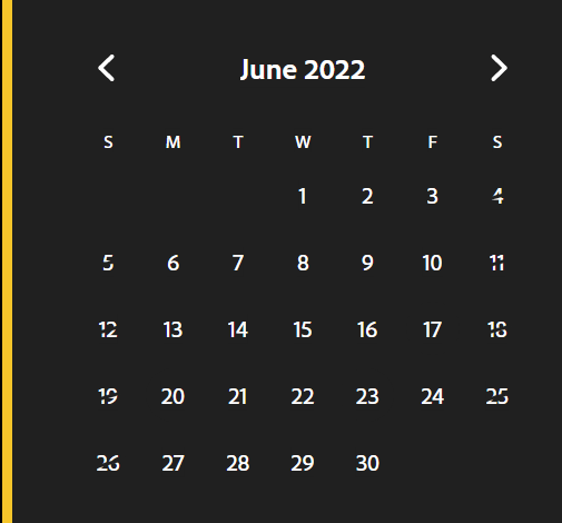 The month grid as white text on black. All days are white text. Weekend days are white text with a black slash through the text. The selected start day is white text with no other indicator. The selected end day is white text with no other indicator. The days covered in the spanning time are white text with no other indicator.