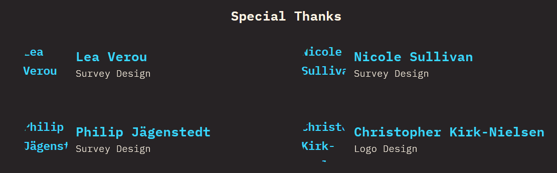 Special Thanks and then four names in a 2×2 grid; each name is preceded by the same name in an invisible circle which clips some of the letters.