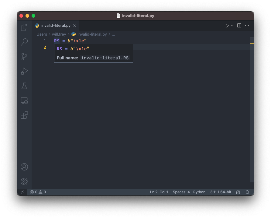 Pylance incorrectly displays non-printable bytes literals as `b'\uxxxx ...