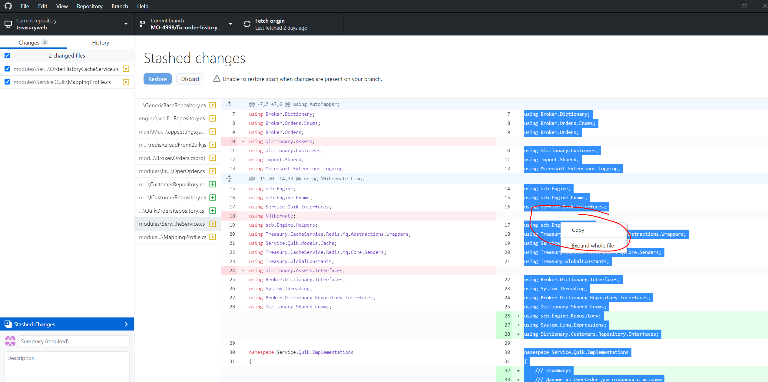 Unable to select all contents of stashed file · Issue 15102 · desktop