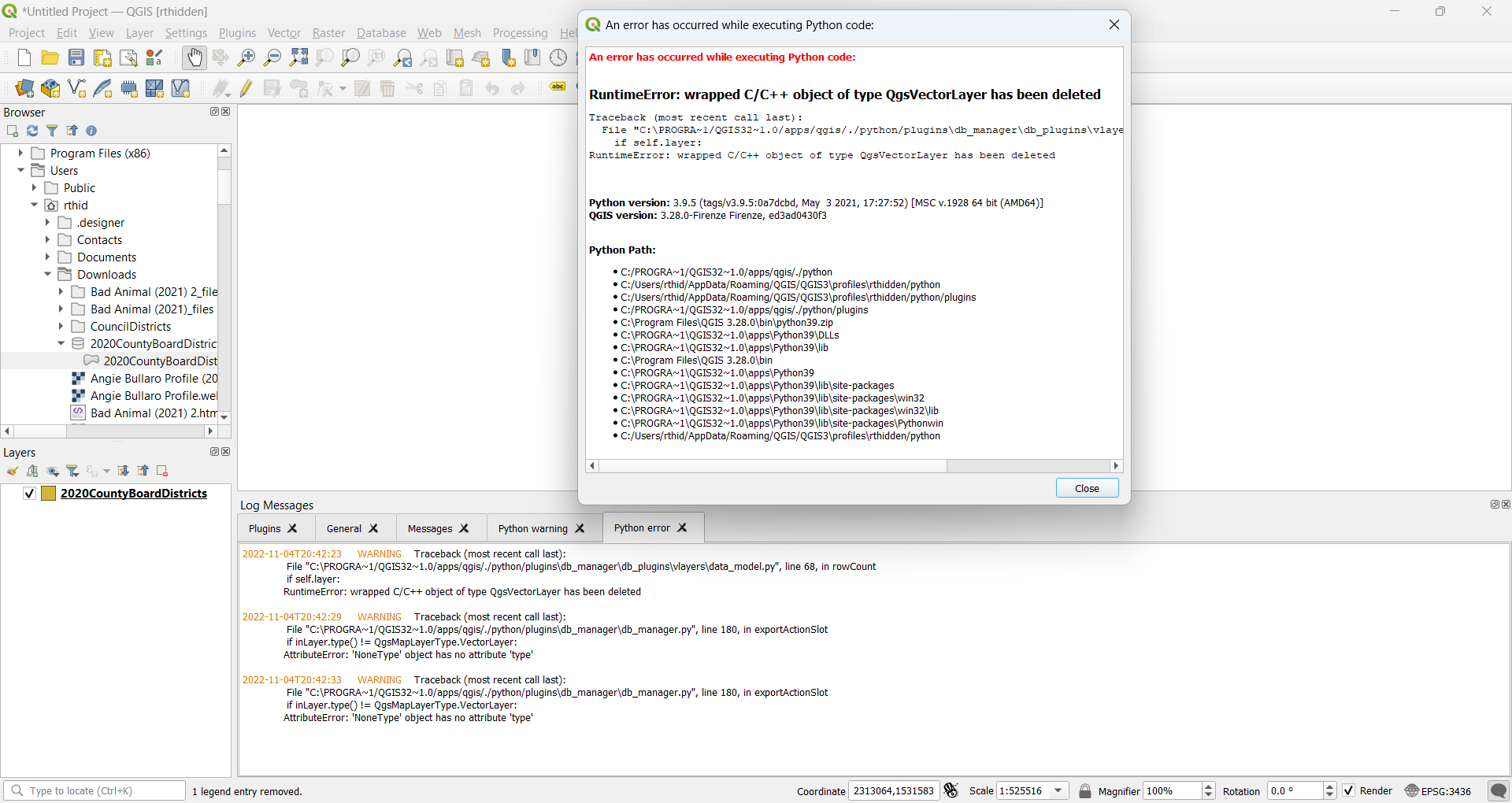 Db manager giving python c error when exporting virtual project layer