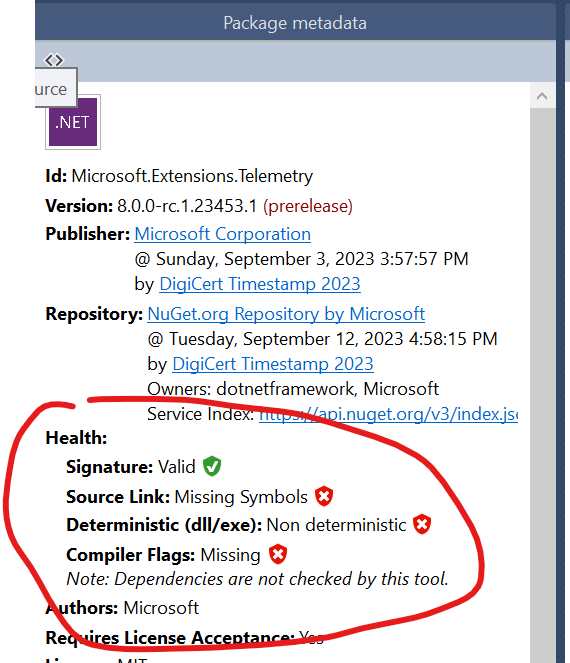 Fix some Health checks on NuGet packages produced. · Issue 4406