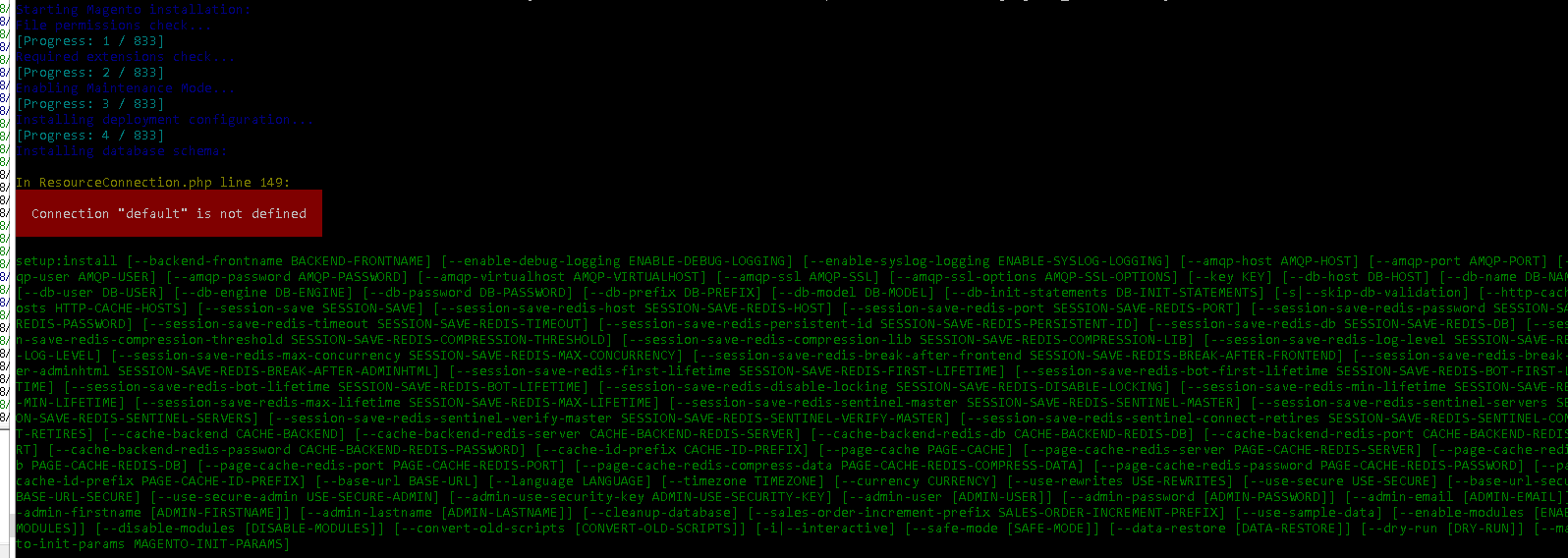 Magento 2.3 Command line installation issue Connection "default" is