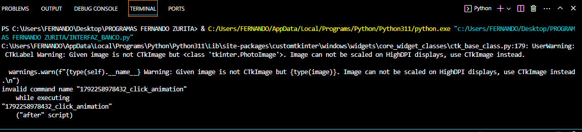 Error de animación de clic utilizando la librería customtkinter ...