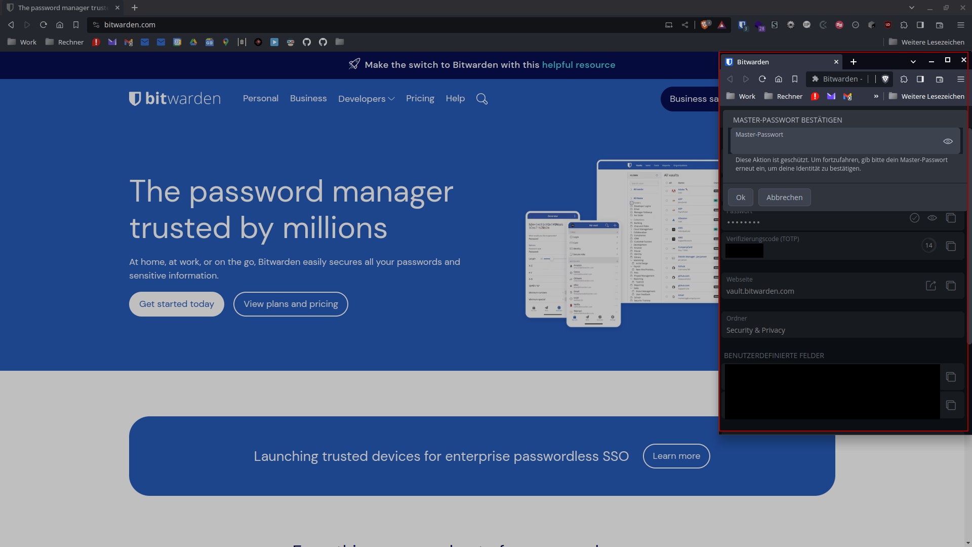 Bitwarden browser extension opens new windows with master password