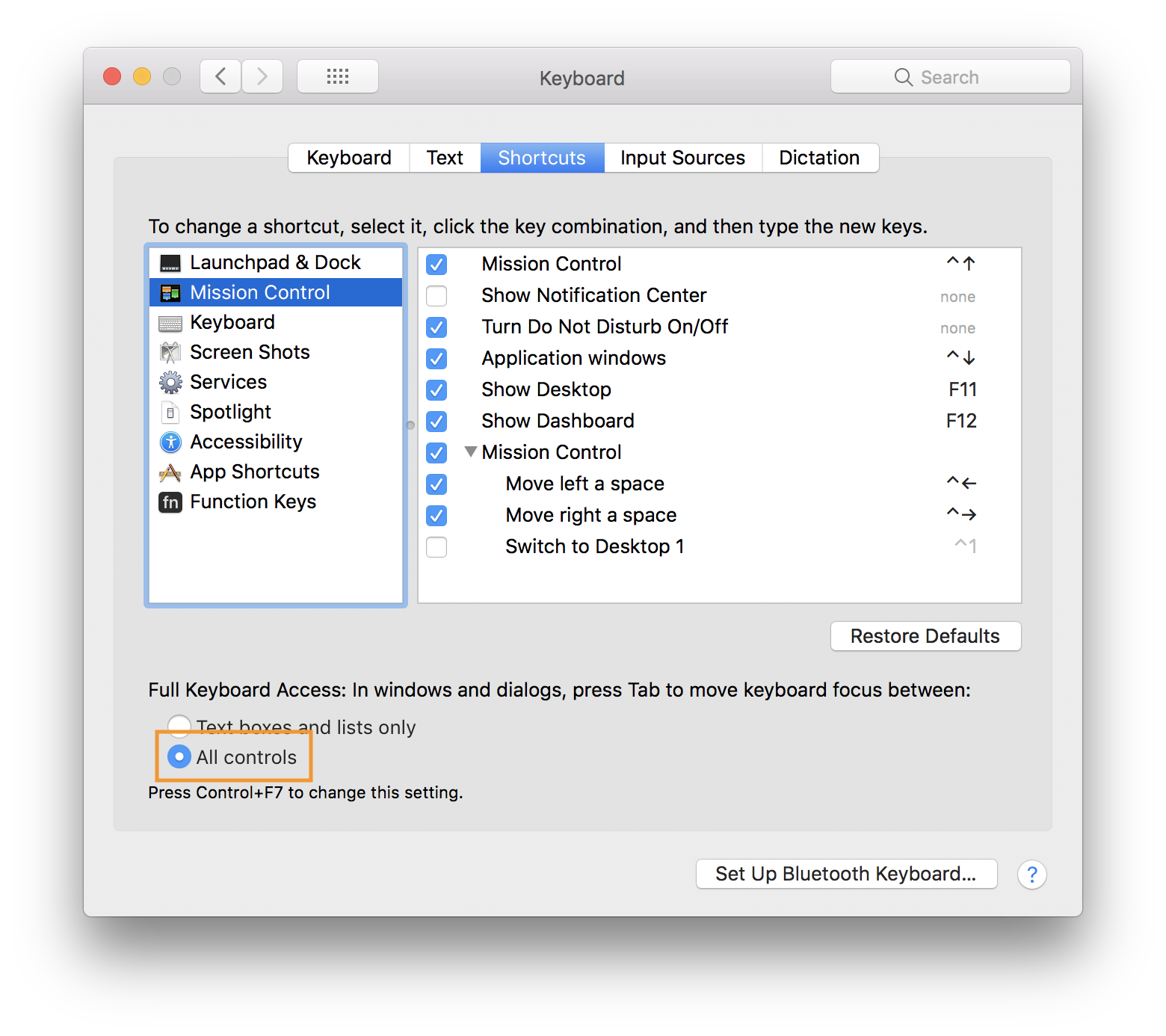 Screenshot of the macOS Settings window. The screenshot is highlighting the selection of the 'All controls' radio button.