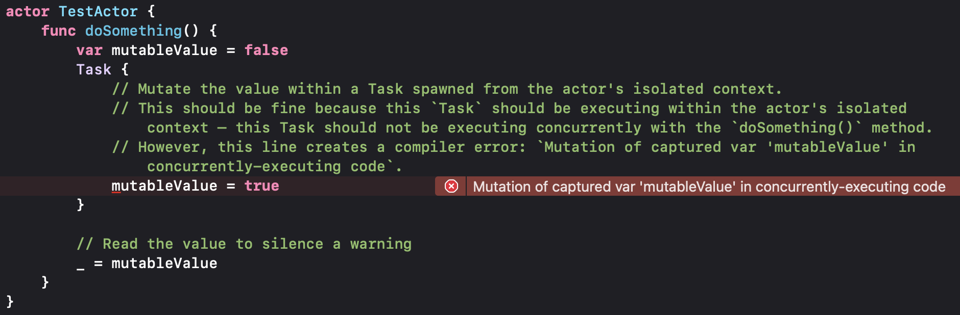 A `Task` created within an actor breaks actor isolation unless the ...