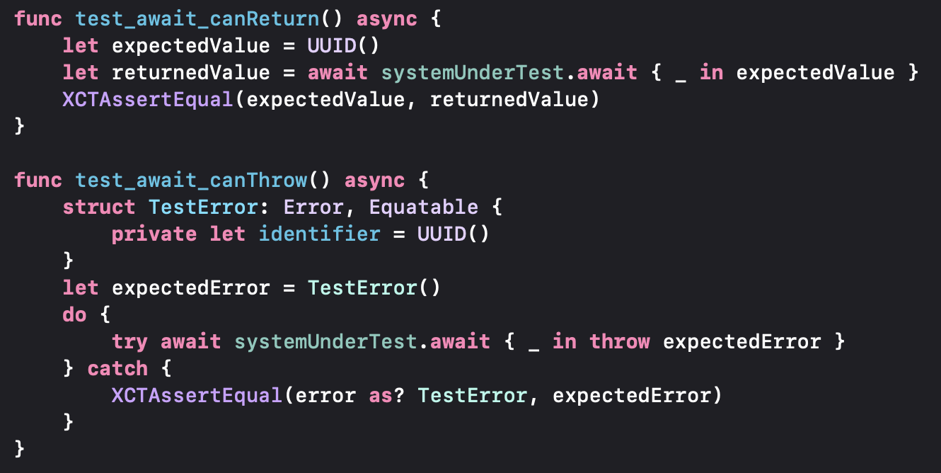 screenshot of Xcode syntax highlighting showing `await` as if it were a language keyword rather than a method call