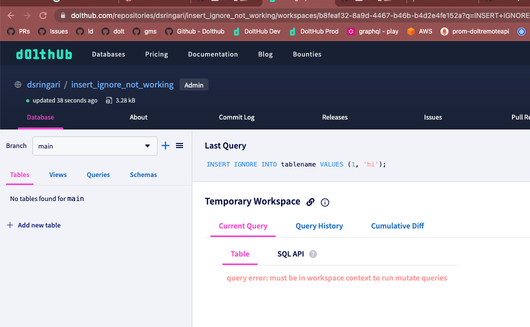 Insert ignore returns an error on DoltHub · Issue 275 · dolthub