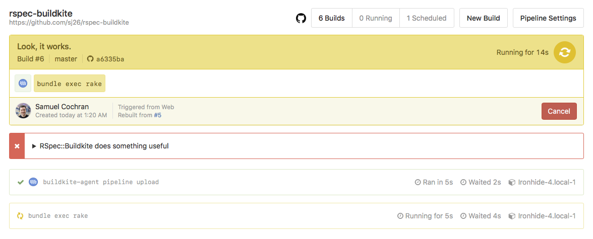 A Buildkite build still in progress with an annotation showing an RSpec failure