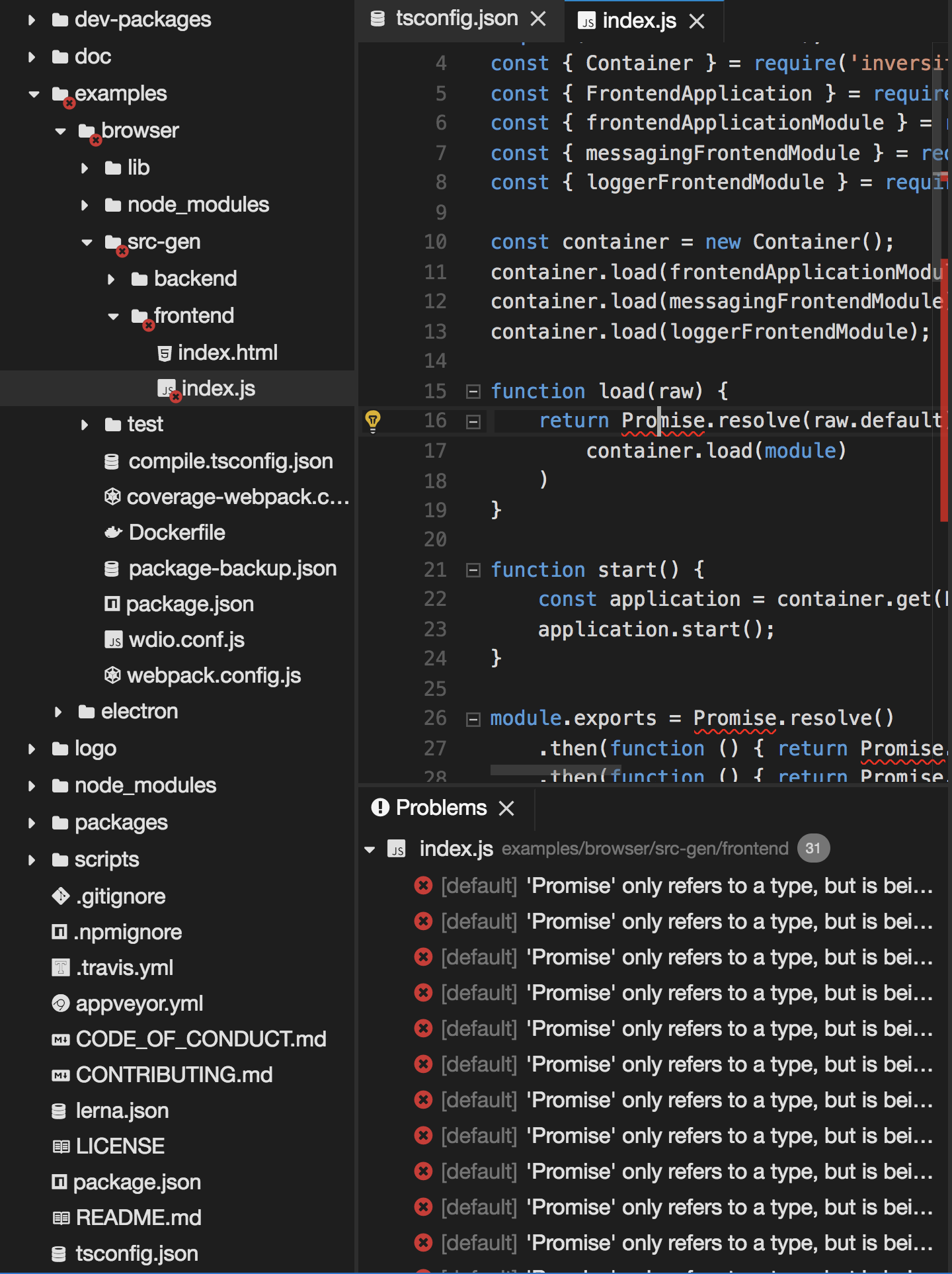 Theia reports `'Promise' only refers to a type, but is being used as a ...