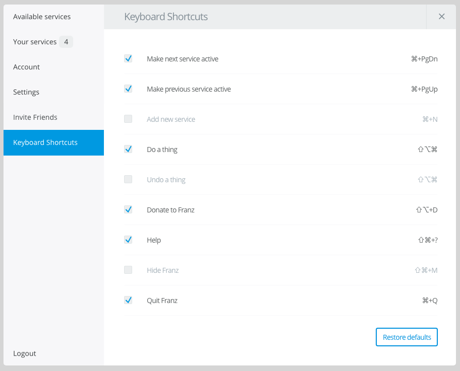franz - settings - keyboard shortcuts