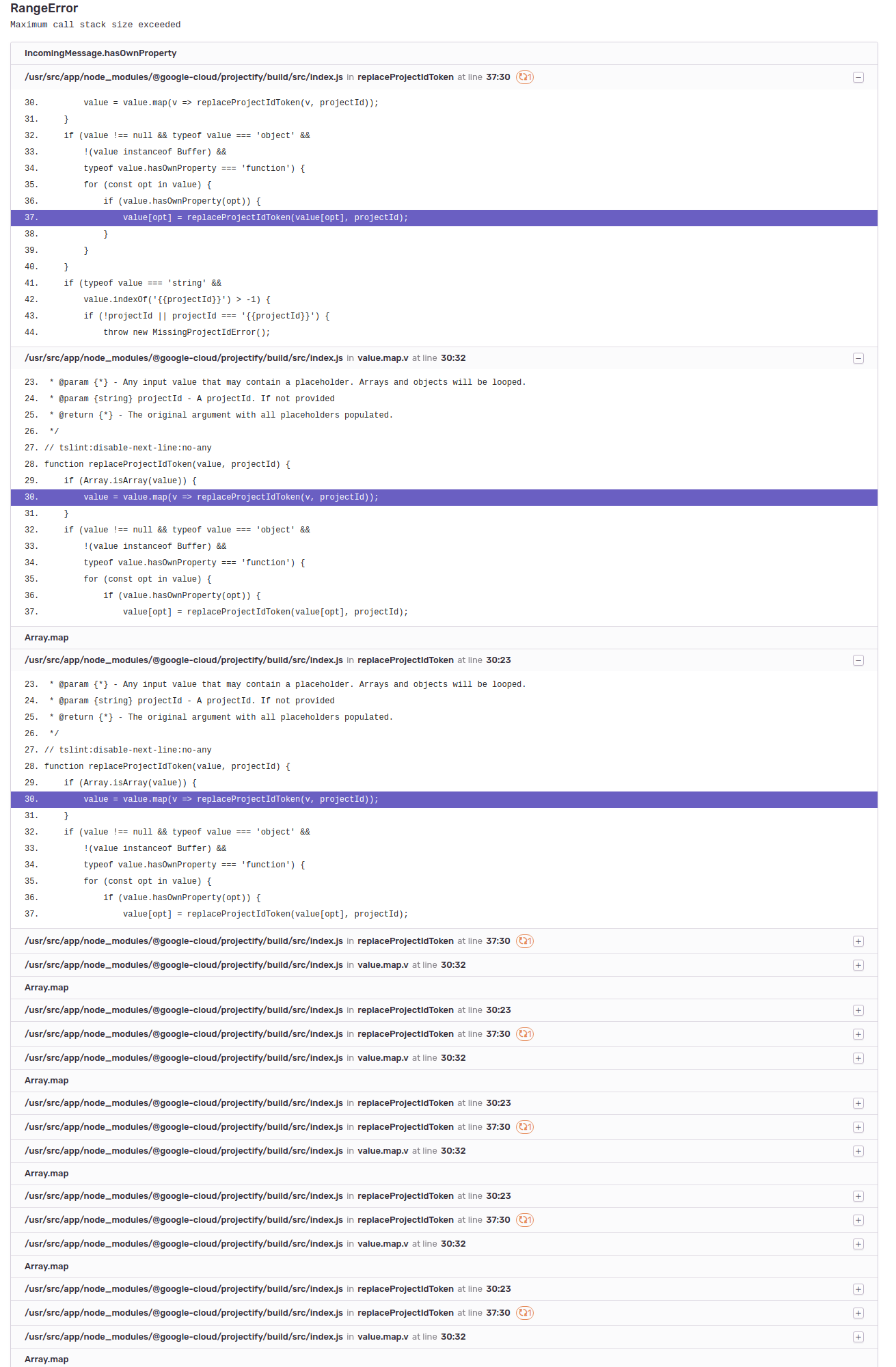 rangeerror maximum call stack size exceeded