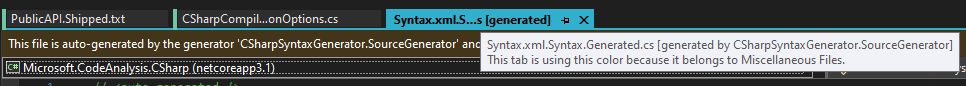 Source generated file keeps Miscellaneous Files color/message even if ...