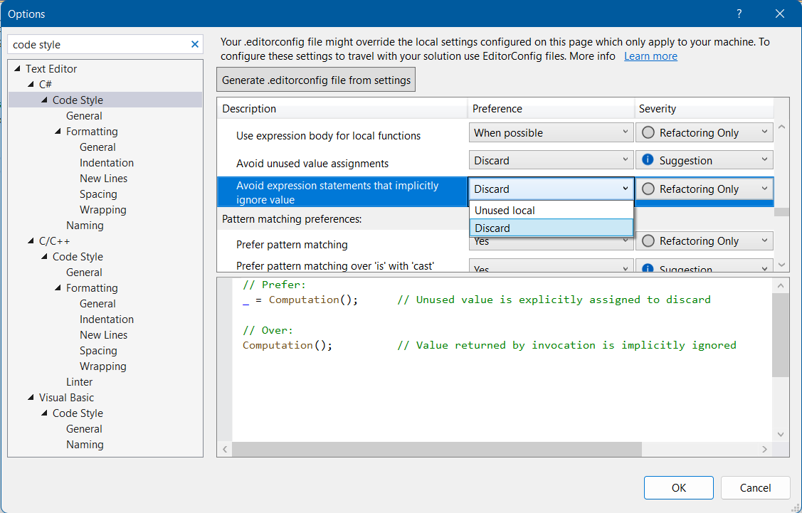 Issue with "Avoid expression statements that implicitly ignore value ...