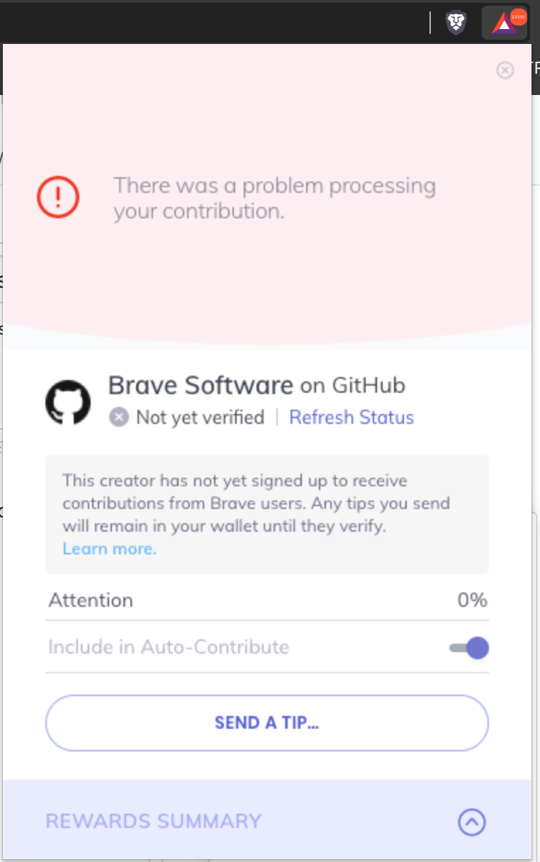 Brave rewards shows thousands of errors that increase with every ...