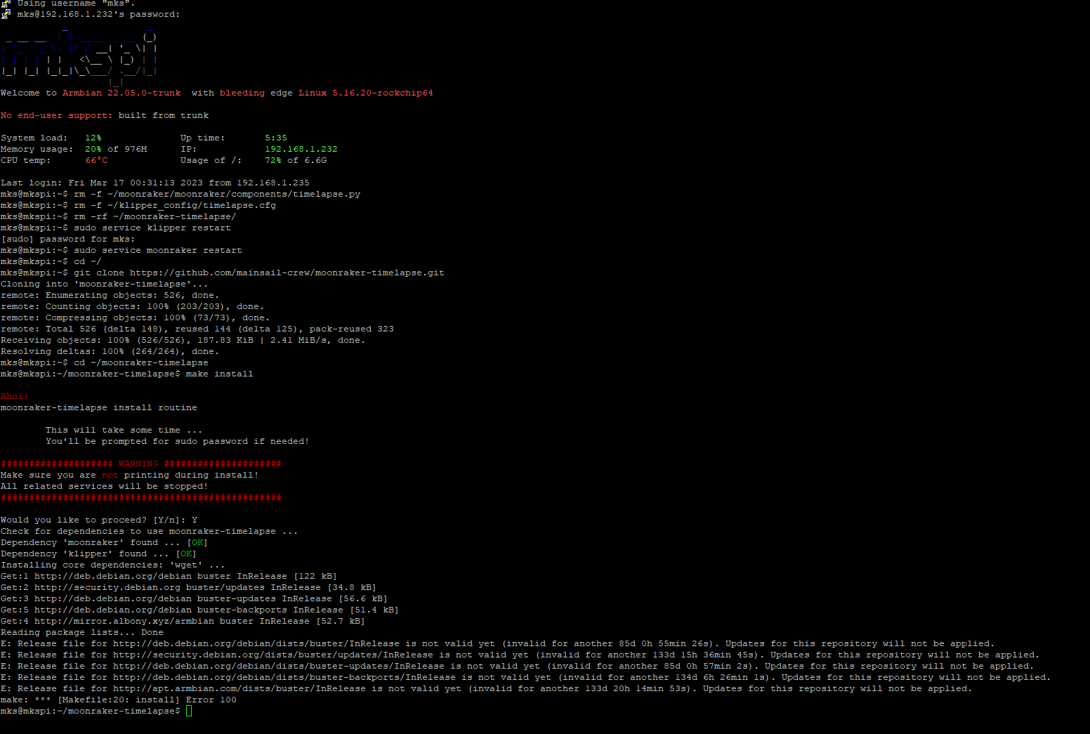 [Makefile20 install] Error 100 · Issue 127 · mainsailcrew/moonrakertimelapse · GitHub