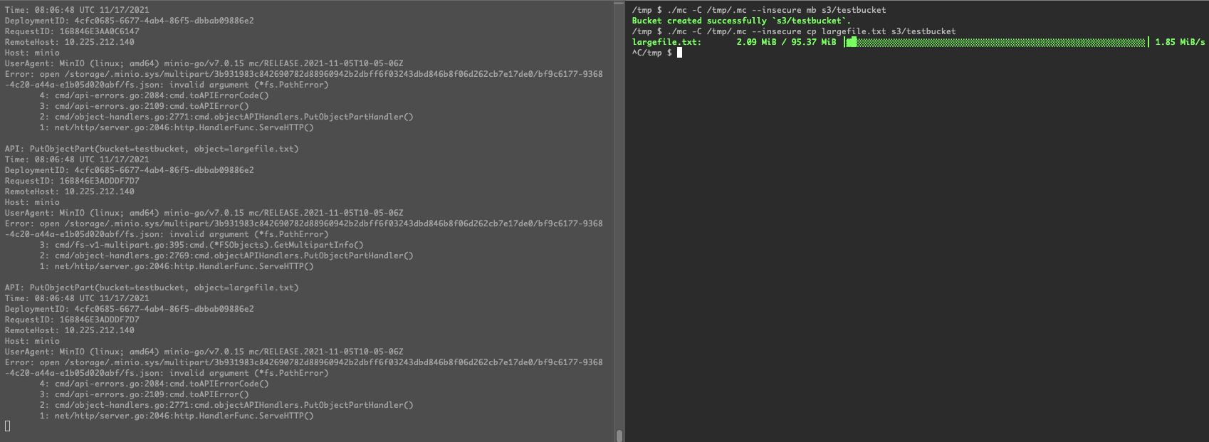 Multi-part upload fail when using MinIO with Kubernetes in-memory ...