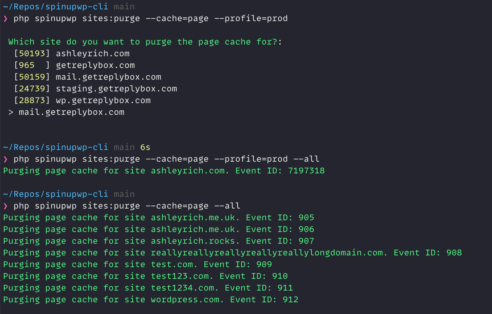 Purge site command output should be consistent with other commands