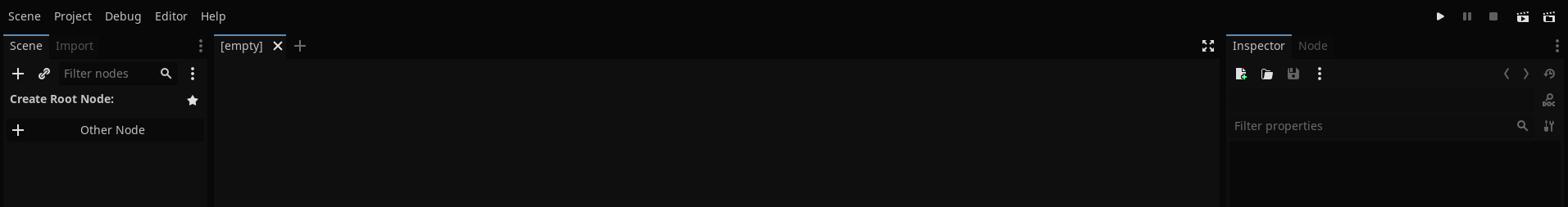 Screenshot of Godot Editor. There are no plugin icons on the top bar, and the middle screen is empty.