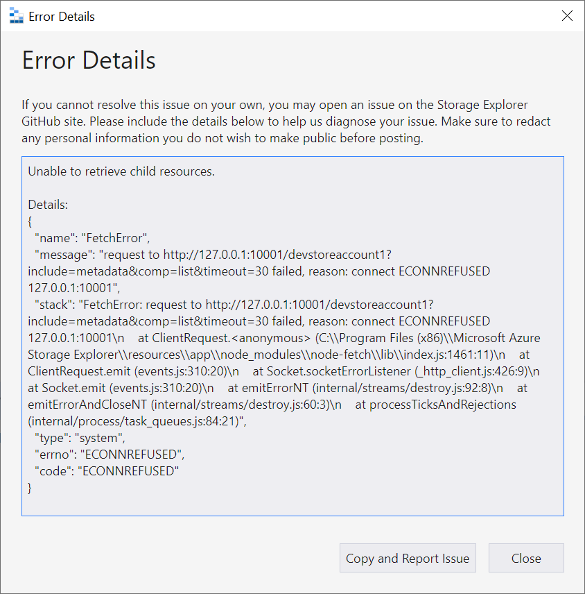 Azure Storage Explorer Troubleshooting "unable to retrieve child
