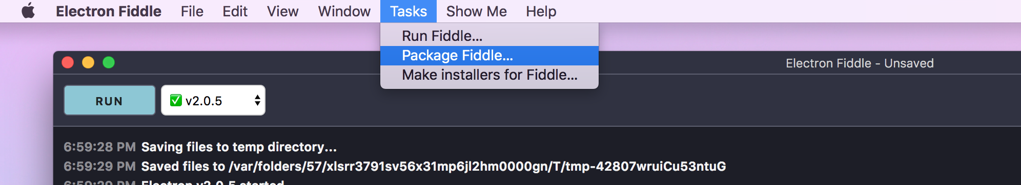 Screenshot: Fiddle's Tasks Menu