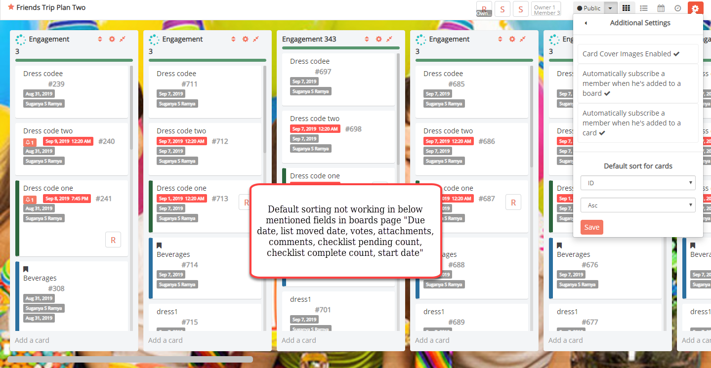 Default sorting not working in below mentioned fields in boards page ...