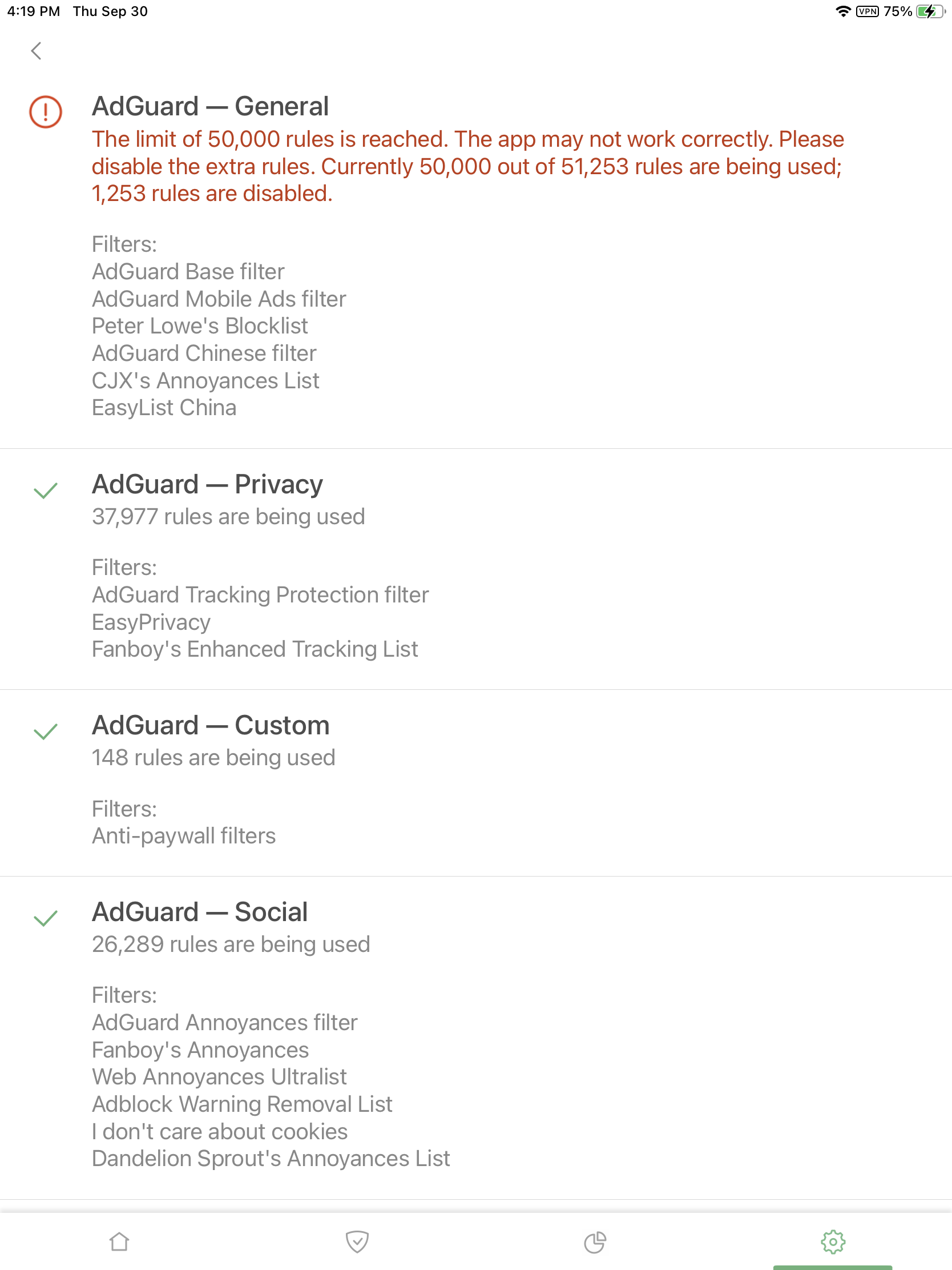 Extra languages cause iOS/iPadOS "General" content blocker to overflow