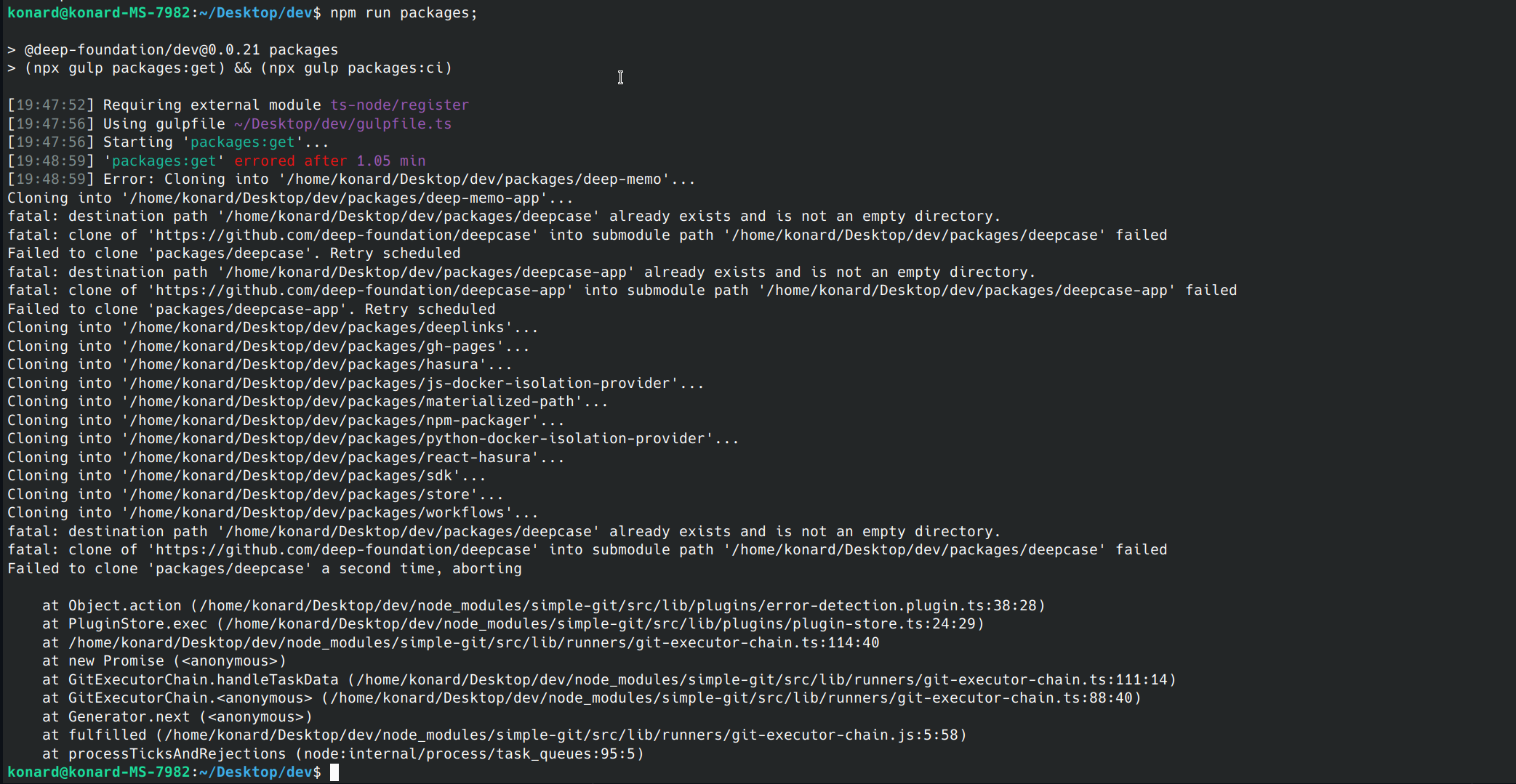 fatal: destination path '/home/konard/Desktop/dev/packages/deepcase ...