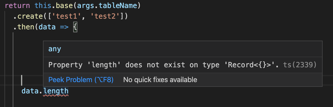 Typescript return type for table.Create() does not overload correctly ...