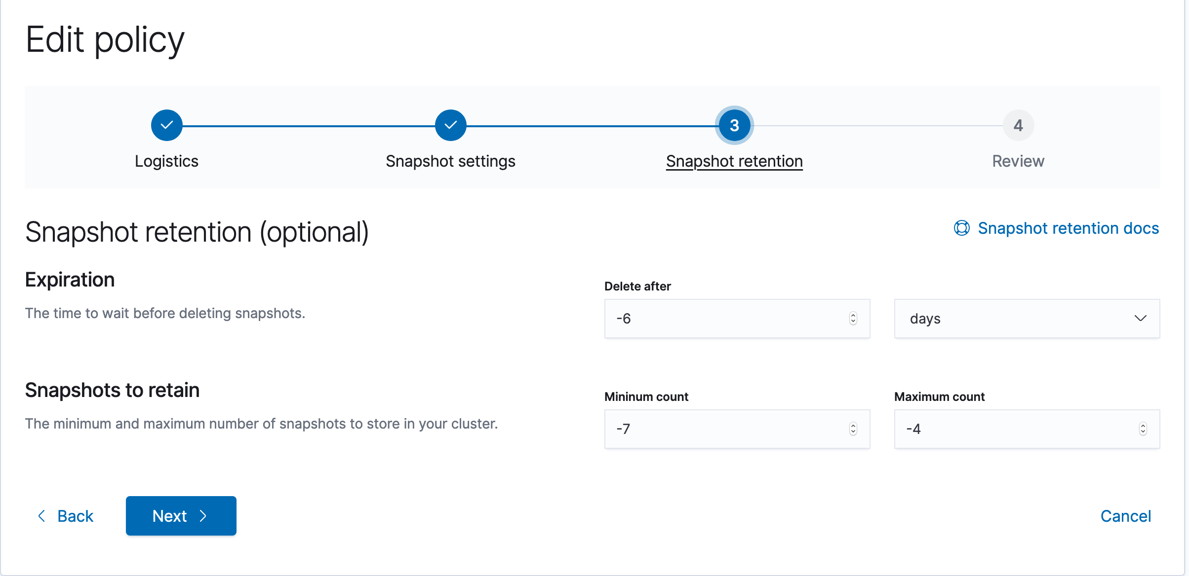 Snapshot Retention Policy allows selection for negative number of