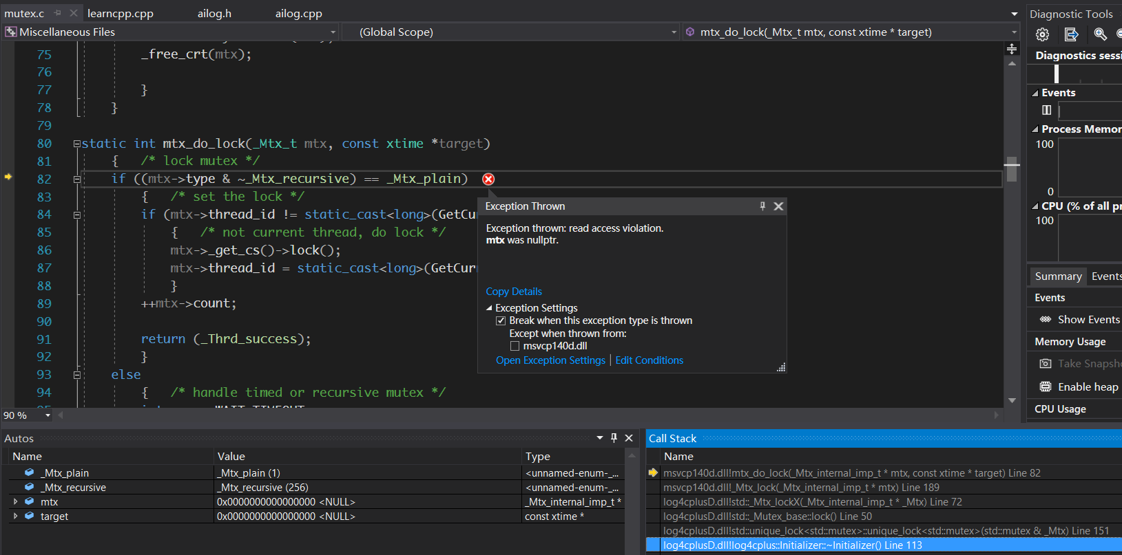 Calling initializer.intializer() failed, reporting Exception thrown; read access violation. mtx